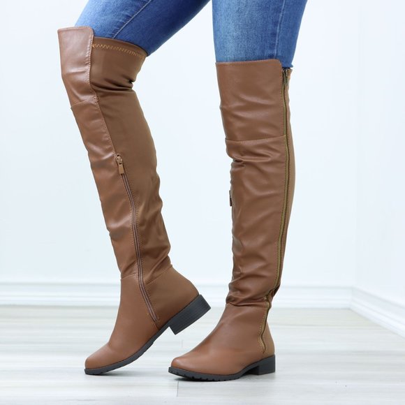 Tan Thigh High Over The Knee Faux Leather & Stretchy Material Low Heel Boot - Picture 11 of 15